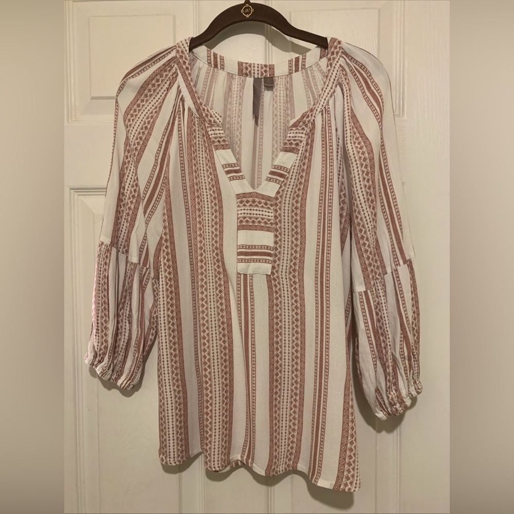 Brina & Em Blouse  M  Top Women Red White Striped Rayon Stretch Pullover Boho
